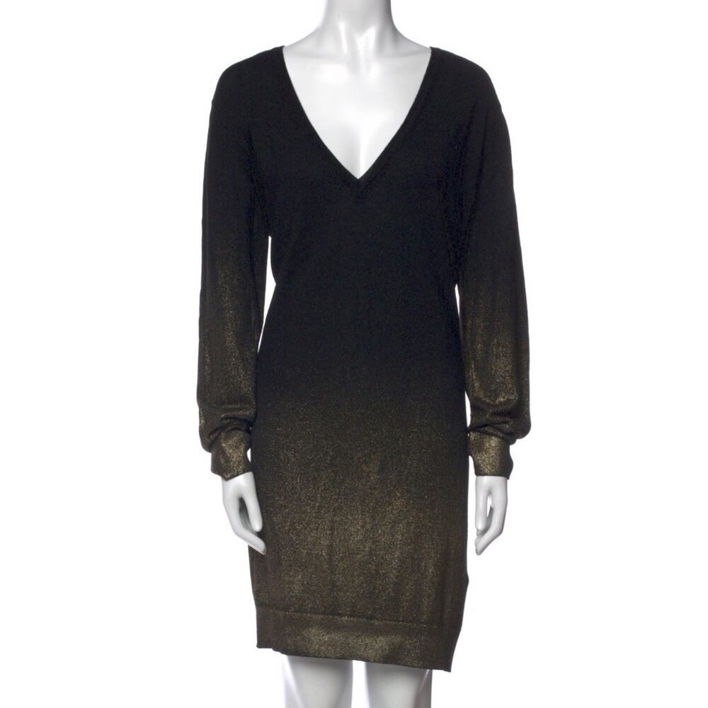 NEW Versace Collection Shift Dress V-Neck Mini Black Gold Metallic IT-50 Italy